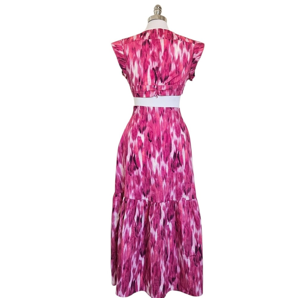Jason Wu Pink Ikat Print Cutout Midi Dress Tiered Womens‎ Medium - Picture 10 of 11